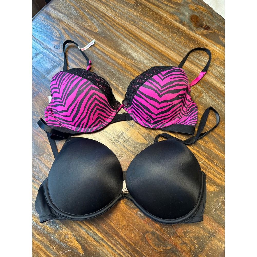 Victoria's Secret PINK Push Up Plunge Bra Set 36C Black & Pink Zebra Bundle of 2